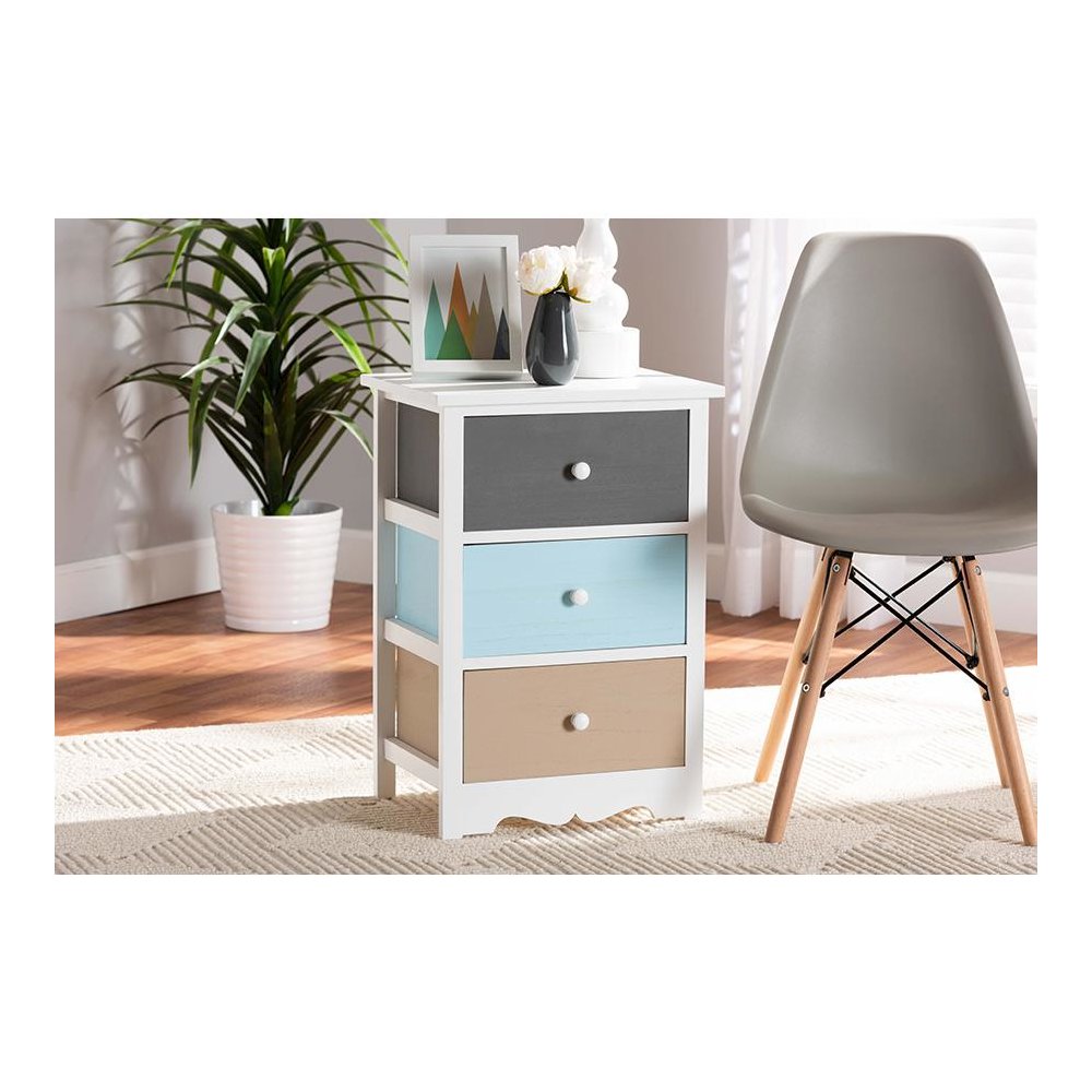 Baxton Studio Kalila Modern and Contemporary White and Multi-Colored Finished Wood 3-Drawer Nightstand. Picture 8