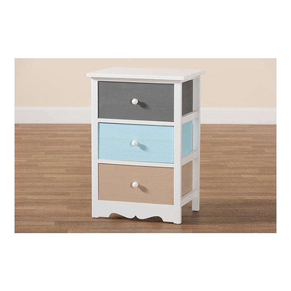 Baxton Studio Kalila Modern and Contemporary White and Multi-Colored Finished Wood 3-Drawer Nightstand. Picture 9