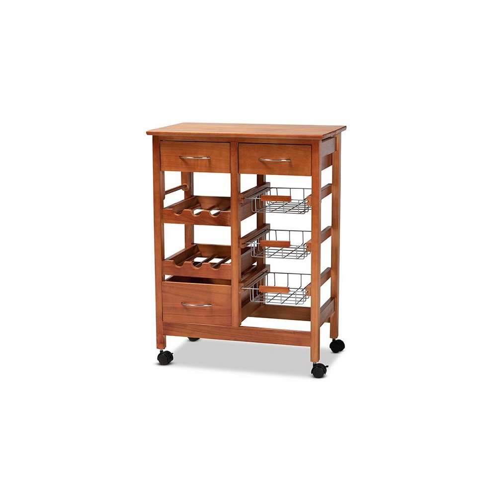 Oak Brown Finished Wood and Silver-Tone Metal Mobile Kitchen Storage Cart. Picture 1
