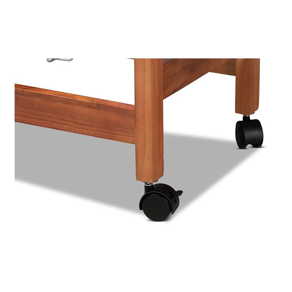 Oak Brown Finished Wood and Silver-Tone Metal Mobile Kitchen Storage Cart. Picture 10
