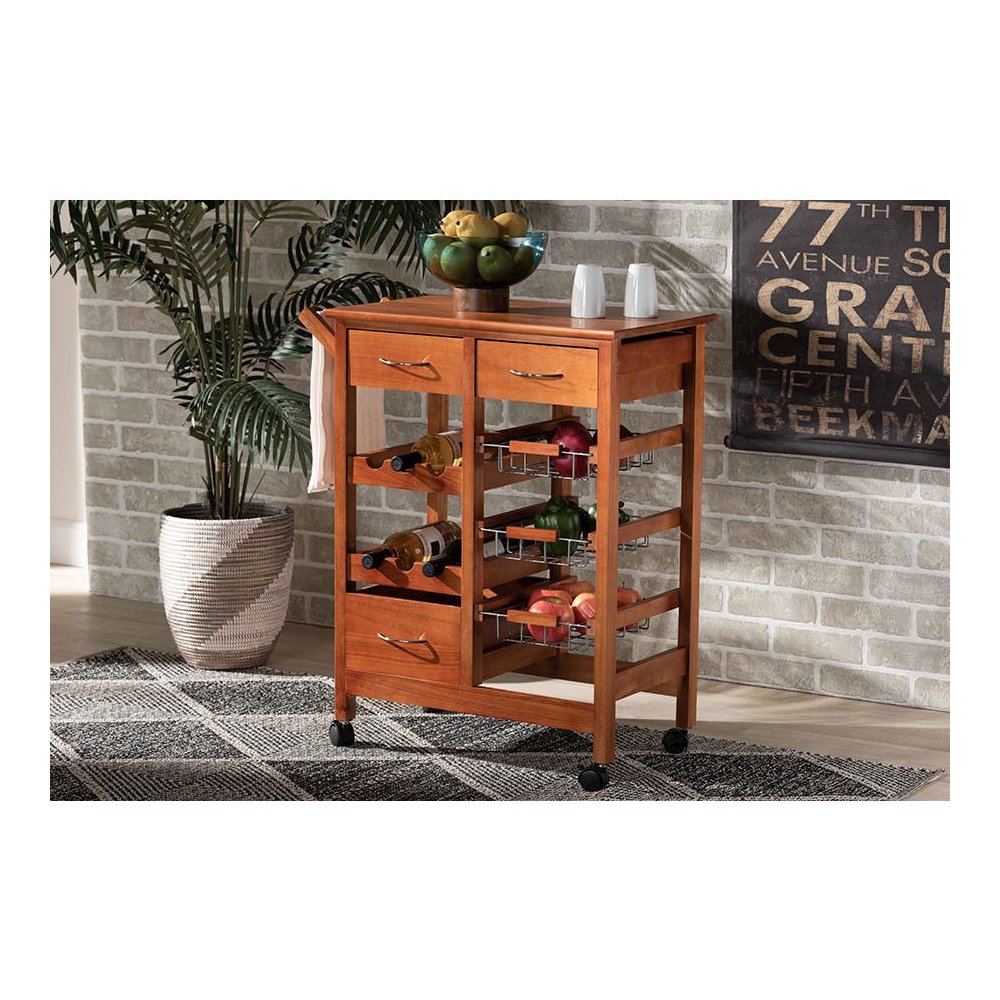Oak Brown Finished Wood and Silver-Tone Metal Mobile Kitchen Storage Cart. Picture 12
