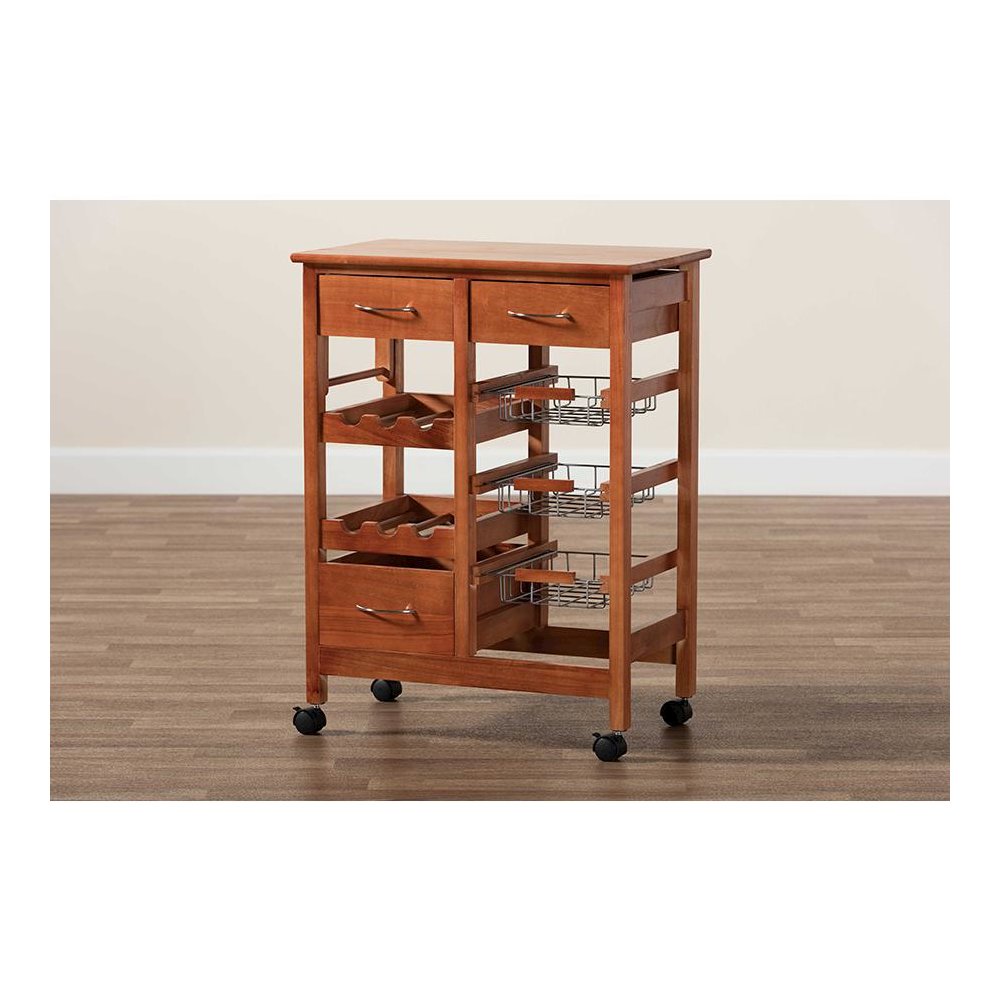 Oak Brown Finished Wood and Silver-Tone Metal Mobile Kitchen Storage Cart. Picture 13