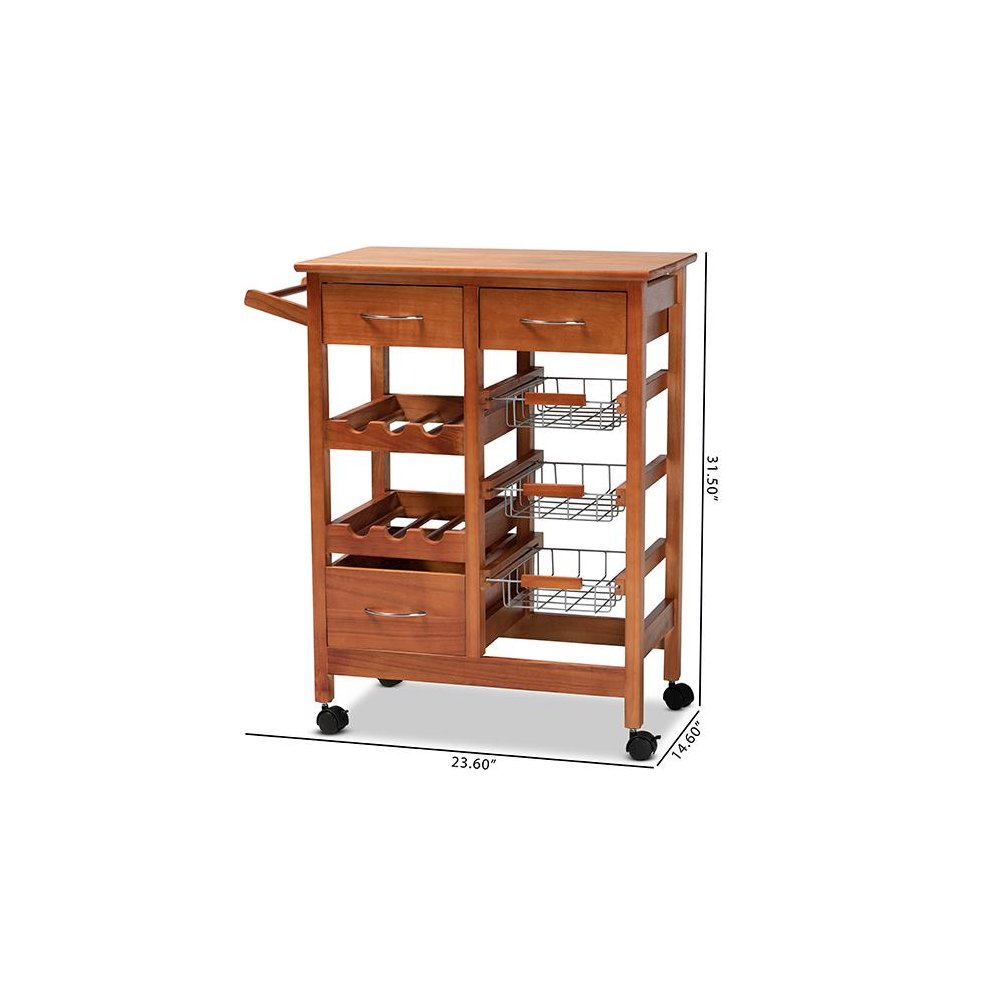 Oak Brown Finished Wood and Silver-Tone Metal Mobile Kitchen Storage Cart. Picture 14