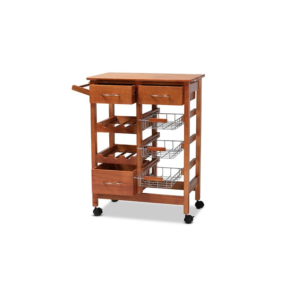 Oak Brown Finished Wood and Silver-Tone Metal Mobile Kitchen Storage Cart. Picture 2