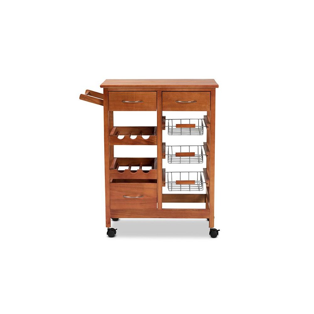 Oak Brown Finished Wood and Silver-Tone Metal Mobile Kitchen Storage Cart. Picture 3
