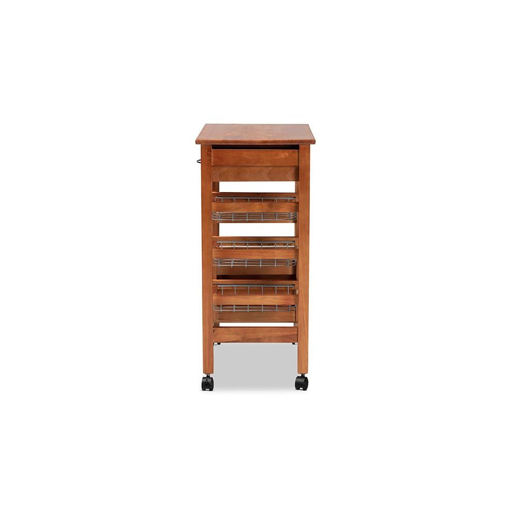 Oak Brown Finished Wood and Silver-Tone Metal Mobile Kitchen Storage Cart. Picture 4