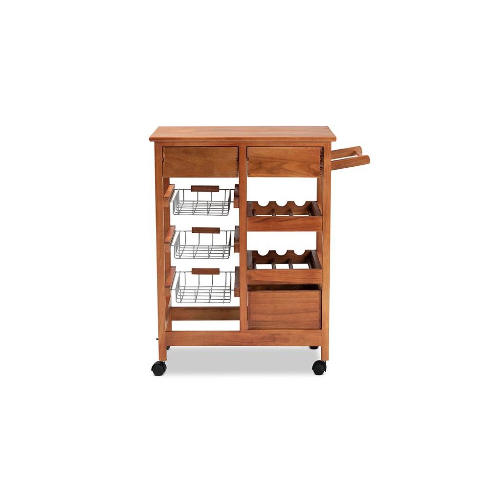 Oak Brown Finished Wood and Silver-Tone Metal Mobile Kitchen Storage Cart. Picture 5