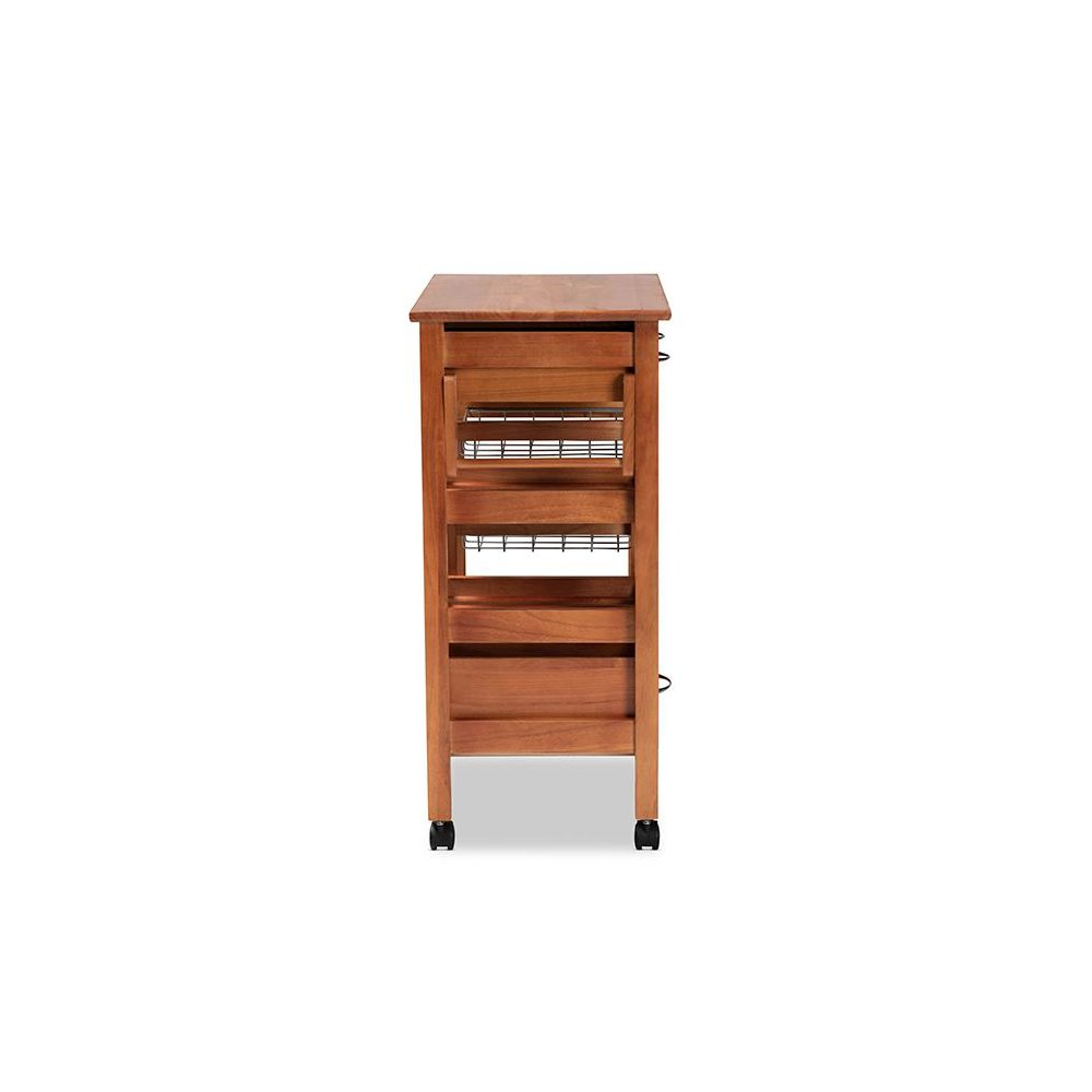 Oak Brown Finished Wood and Silver-Tone Metal Mobile Kitchen Storage Cart. Picture 6