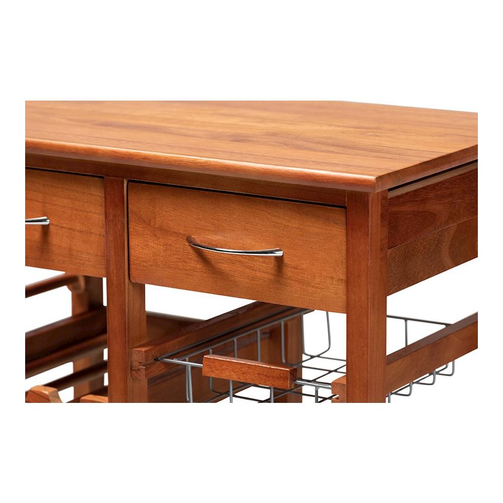 Oak Brown Finished Wood and Silver-Tone Metal Mobile Kitchen Storage Cart. Picture 8
