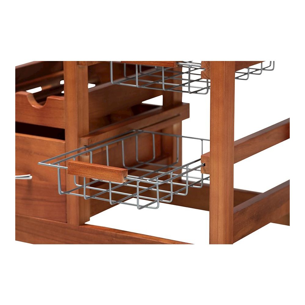 Oak Brown Finished Wood and Silver-Tone Metal Mobile Kitchen Storage Cart. Picture 9