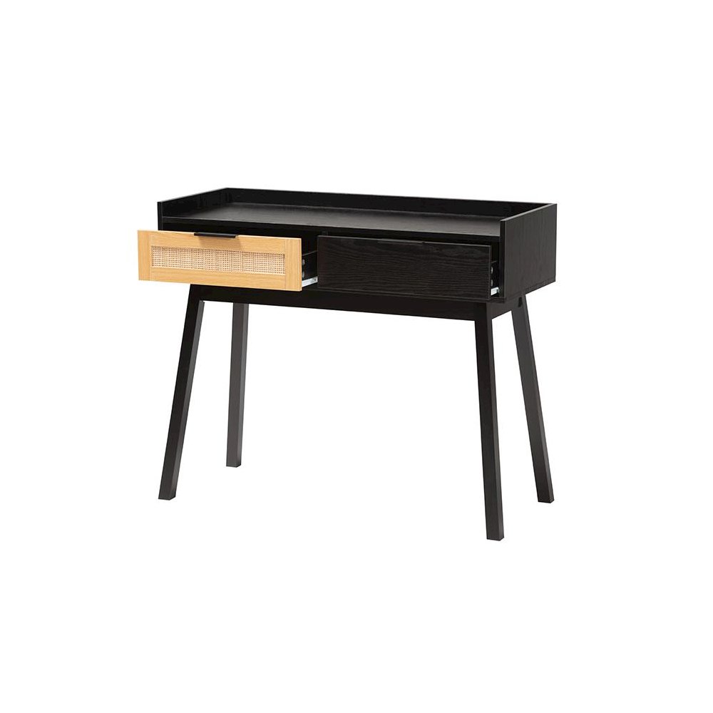 Two-Tone Espresso Brown and Natural Brown Finished Wood 2-Drawer Console Table. Picture 2