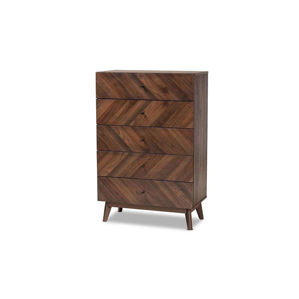 Hartman Mid-Century Modern Walnut Brown Finished Wood 5-Drawer Storage Chest. Picture 1