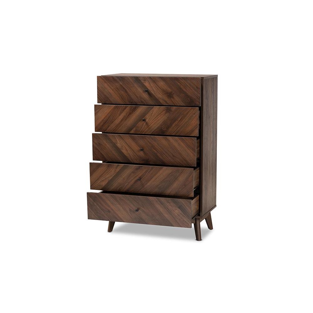 Hartman Mid-Century Modern Walnut Brown Finished Wood 5-Drawer Storage Chest. Picture 2