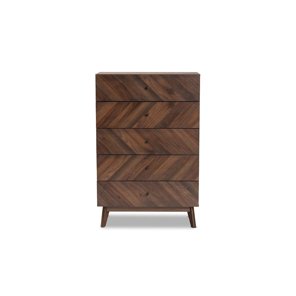 Hartman Mid-Century Modern Walnut Brown Finished Wood 5-Drawer Storage Chest. Picture 3