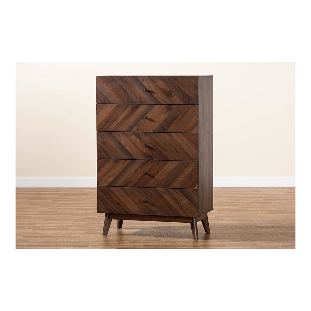Hartman Mid-Century Modern Walnut Brown Finished Wood 5-Drawer Storage Chest. Picture 9