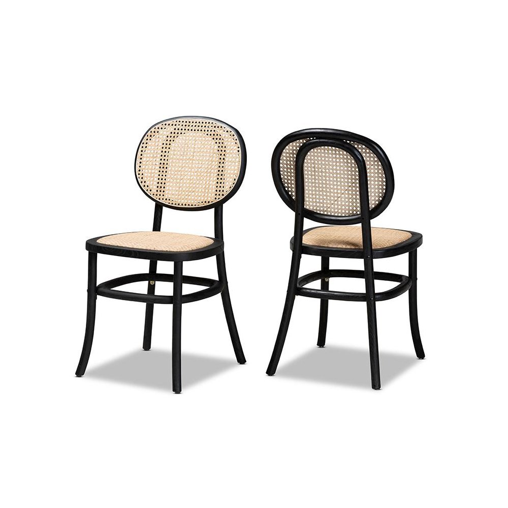 Brown Woven Rattan and Black Wood 2-Piece Cane Dining Chair Set. Picture 1
