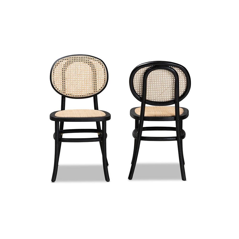 Brown Woven Rattan and Black Wood 2-Piece Cane Dining Chair Set. Picture 2