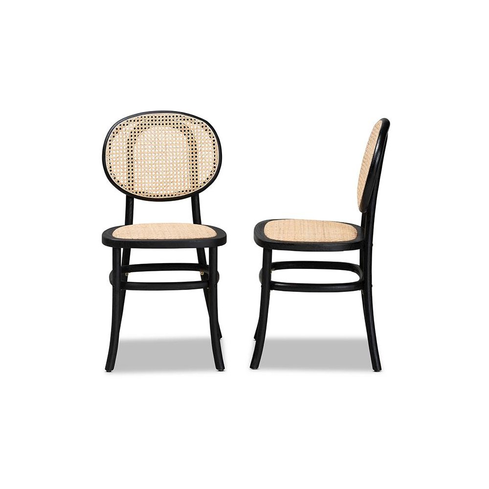Brown Woven Rattan and Black Wood 2-Piece Cane Dining Chair Set. Picture 3