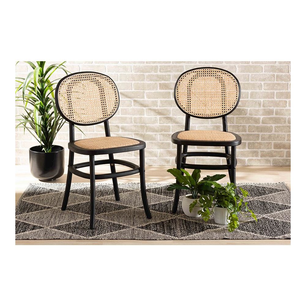 Brown Woven Rattan and Black Wood 2-Piece Cane Dining Chair Set. Picture 7