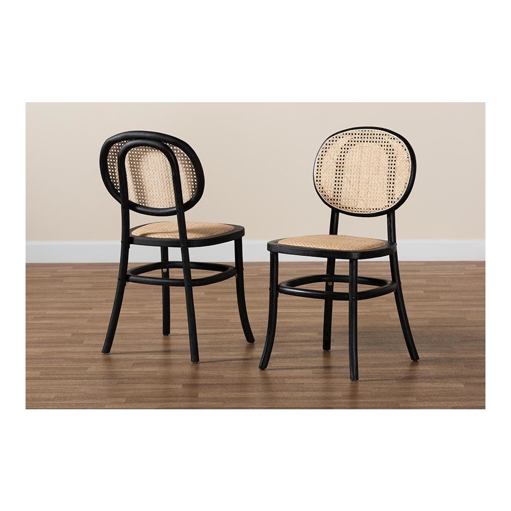 Brown Woven Rattan and Black Wood 2-Piece Cane Dining Chair Set. Picture 8