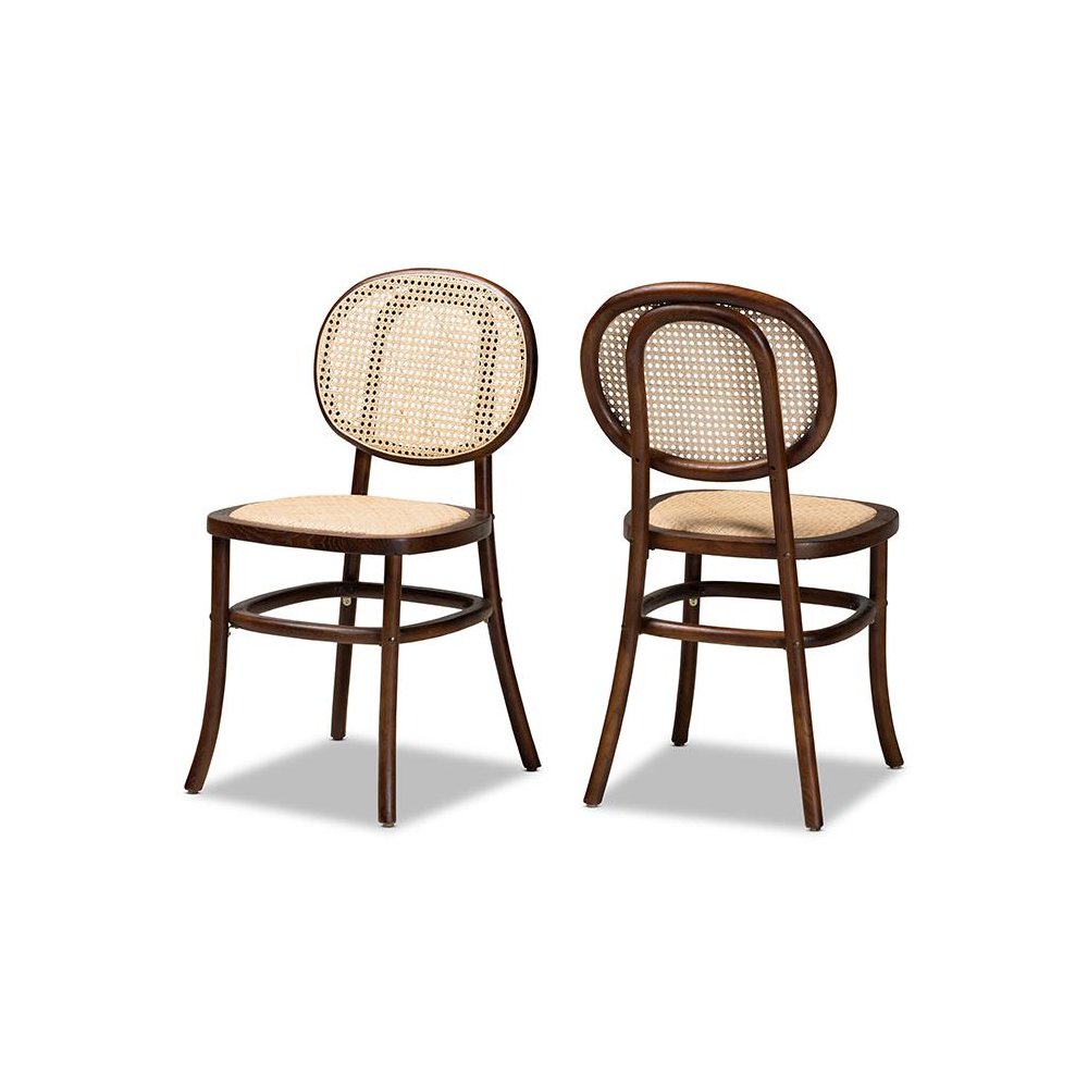 Brown Woven Rattan and Walnut Brown Wood 2-Piece Cane Dining Chair Set. Picture 1