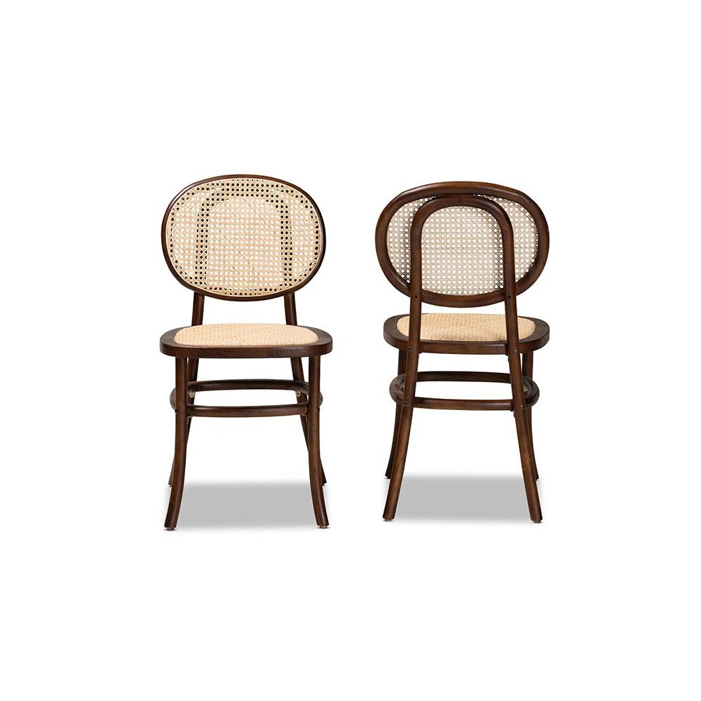 Brown Woven Rattan and Walnut Brown Wood 2-Piece Cane Dining Chair Set. Picture 2