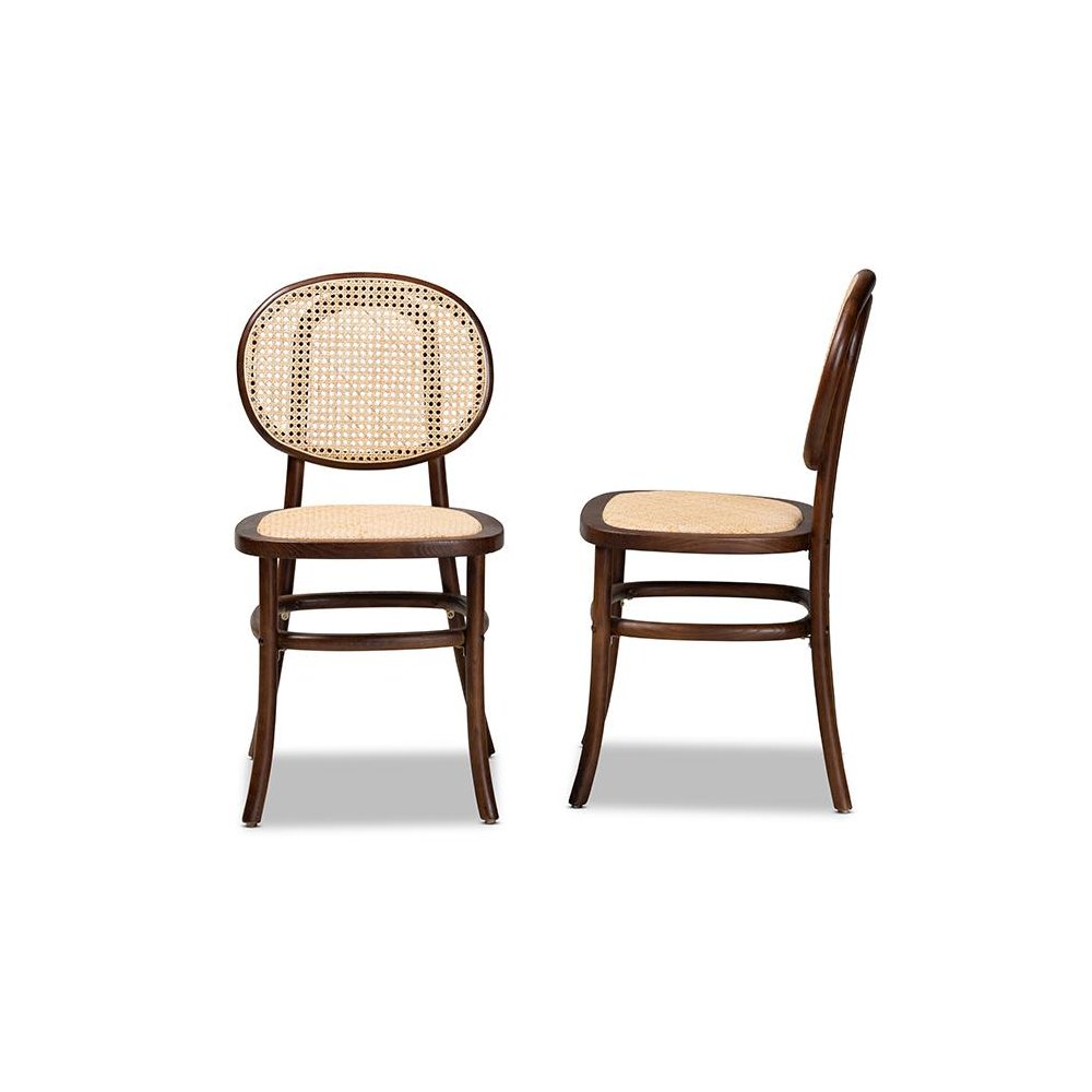 Brown Woven Rattan and Walnut Brown Wood 2-Piece Cane Dining Chair Set. Picture 3