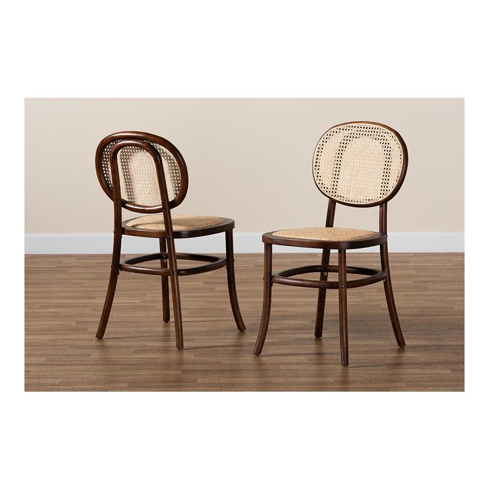 Brown Woven Rattan and Walnut Brown Wood 2-Piece Cane Dining Chair Set. Picture 8