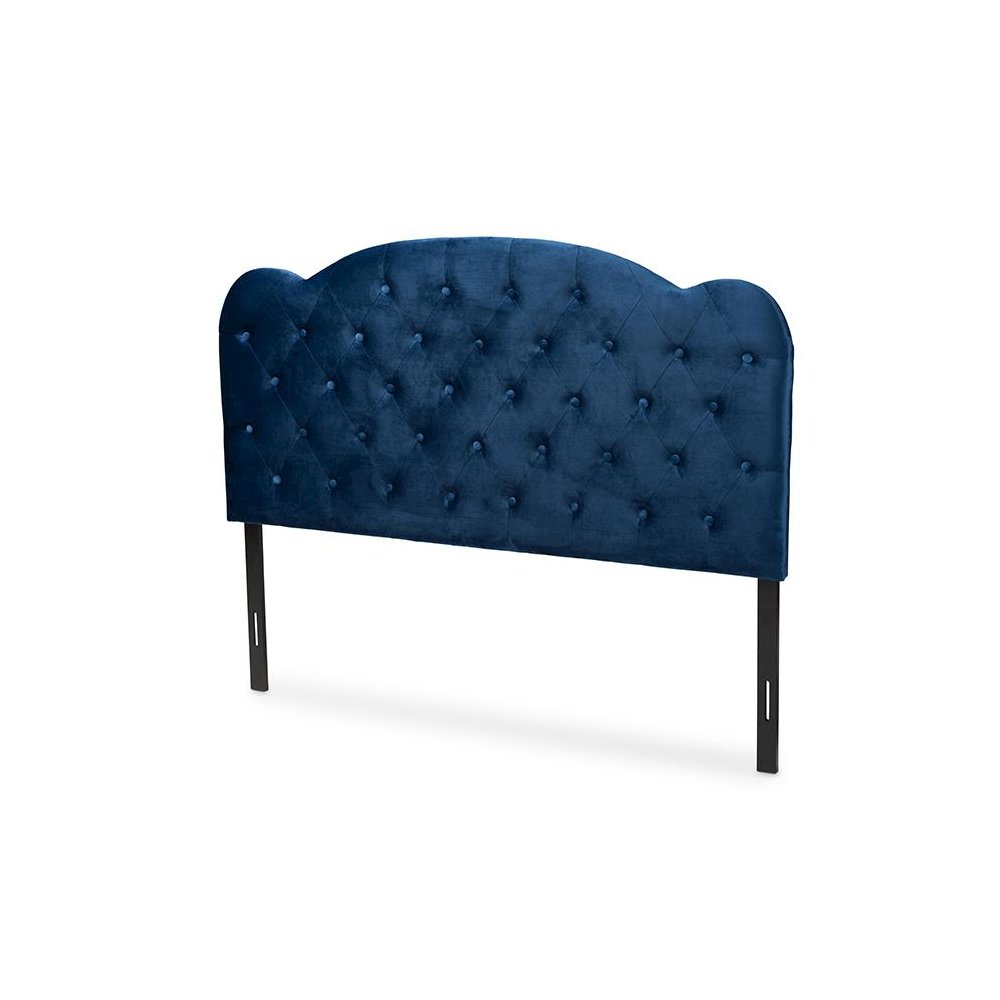 Navy Blue Velvet Fabric Upholstered Queen Size Headboard. Picture 1