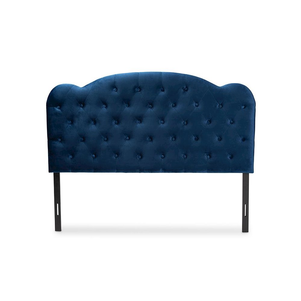 Navy Blue Velvet Fabric Upholstered Queen Size Headboard. Picture 2
