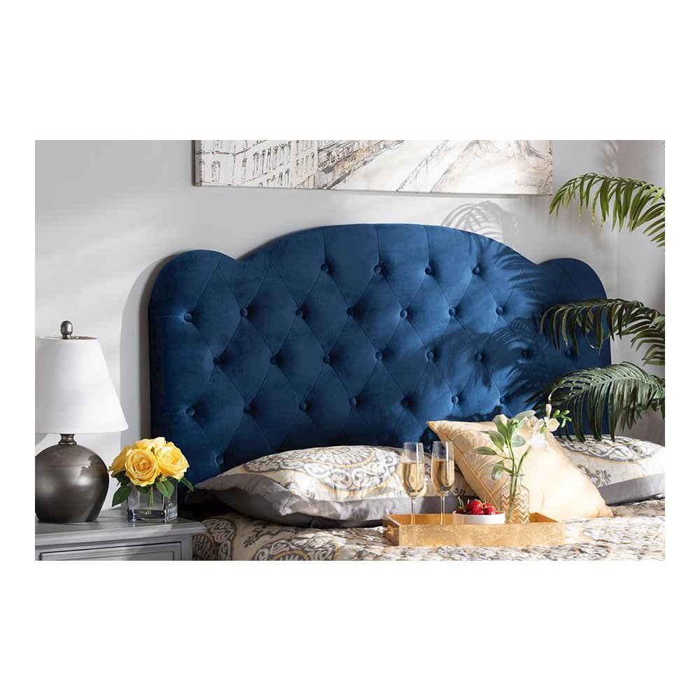 Navy Blue Velvet Fabric Upholstered Queen Size Headboard. Picture 4