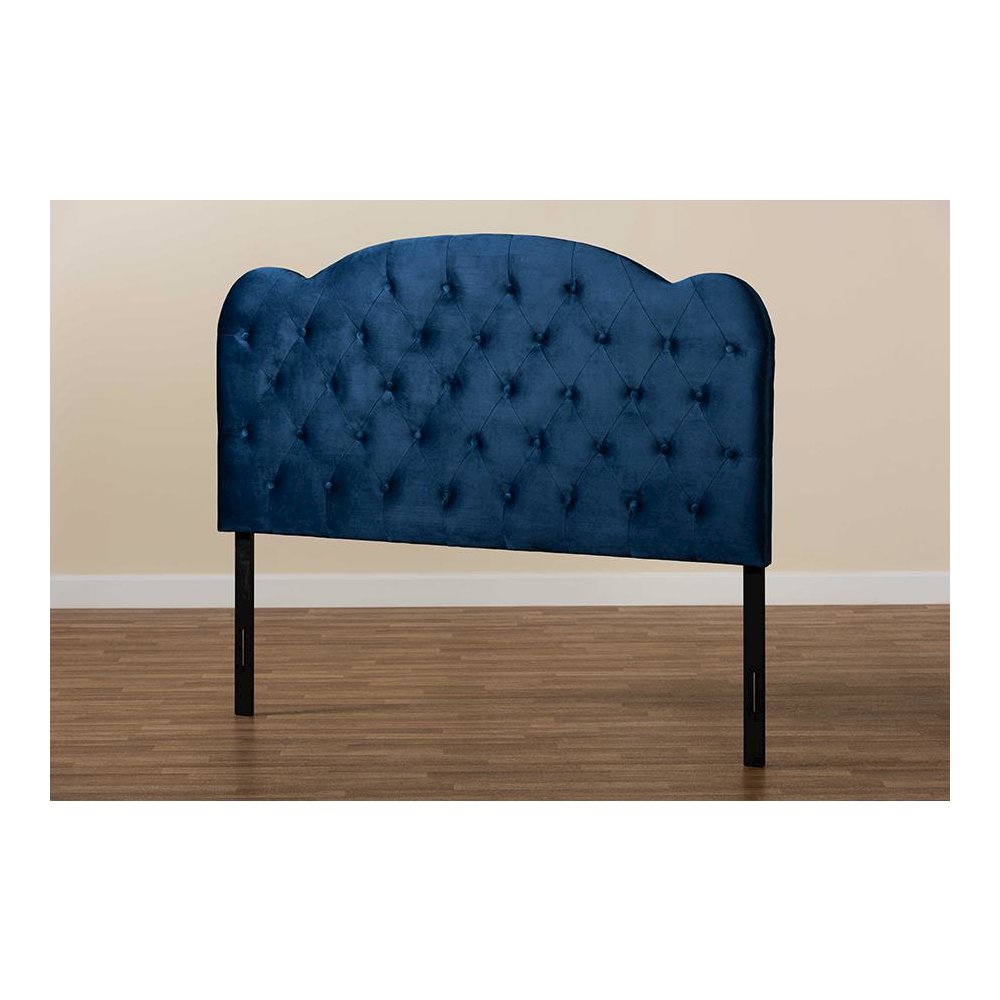 Navy Blue Velvet Fabric Upholstered Queen Size Headboard. Picture 5
