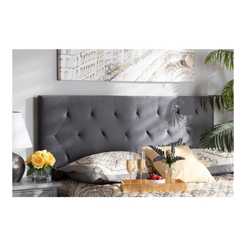 Grey Velvet Fabric Upholstered Queen Size Headboard. Picture 4