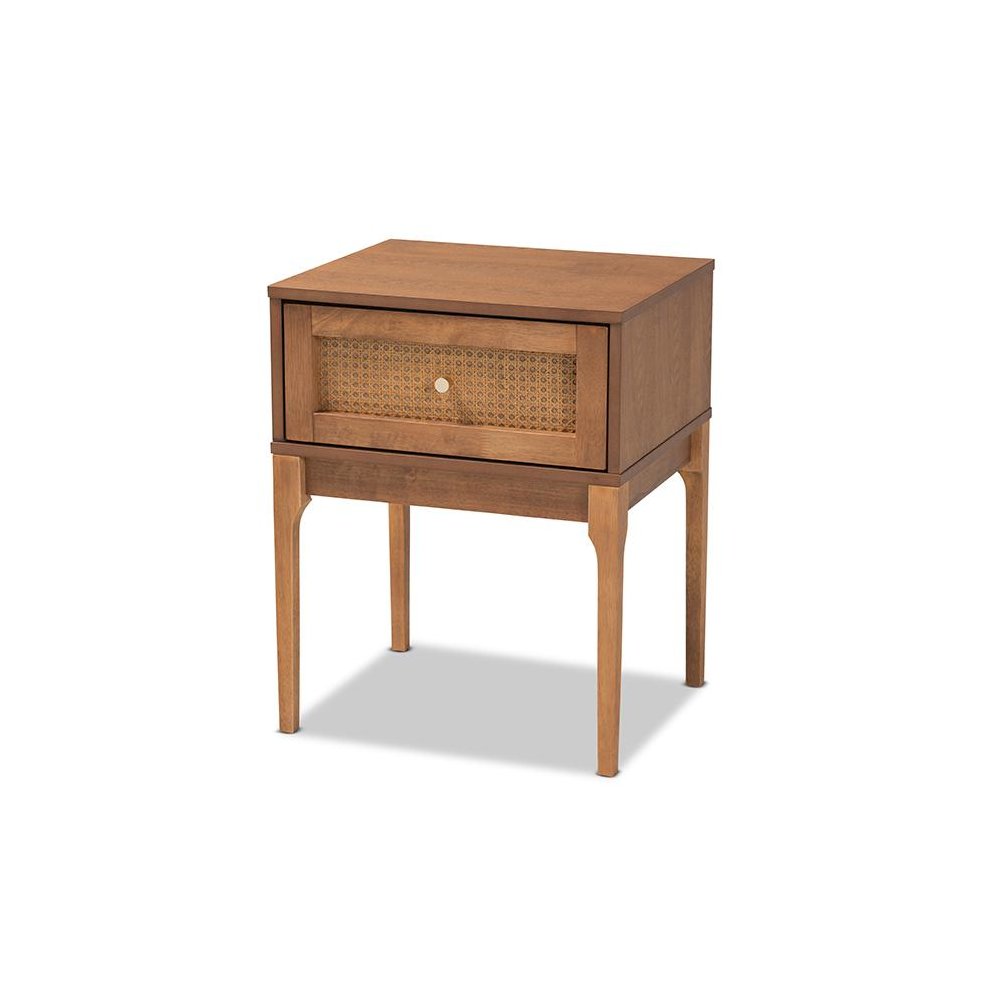 Ash Walnut Finished Wood and Rattan 1-Drawer Nightstand. Picture 1