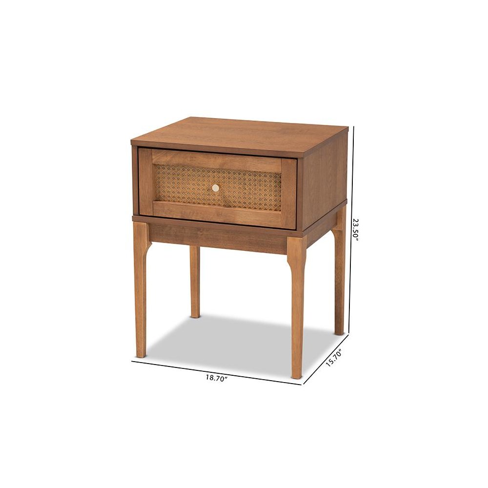 Ash Walnut Finished Wood and Rattan 1-Drawer Nightstand. Picture 10