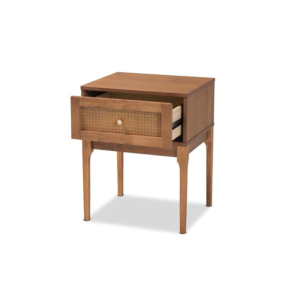 Ash Walnut Finished Wood and Rattan 1-Drawer Nightstand. Picture 2