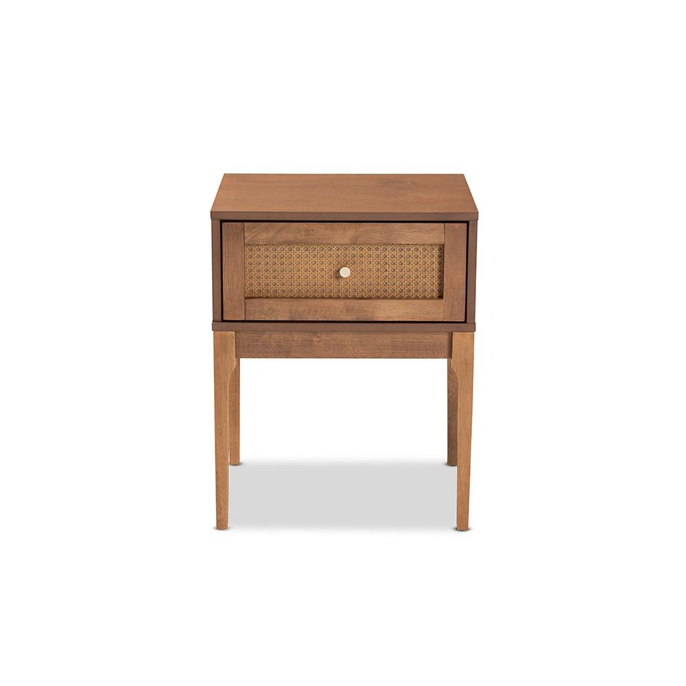 Ash Walnut Finished Wood and Rattan 1-Drawer Nightstand. Picture 3