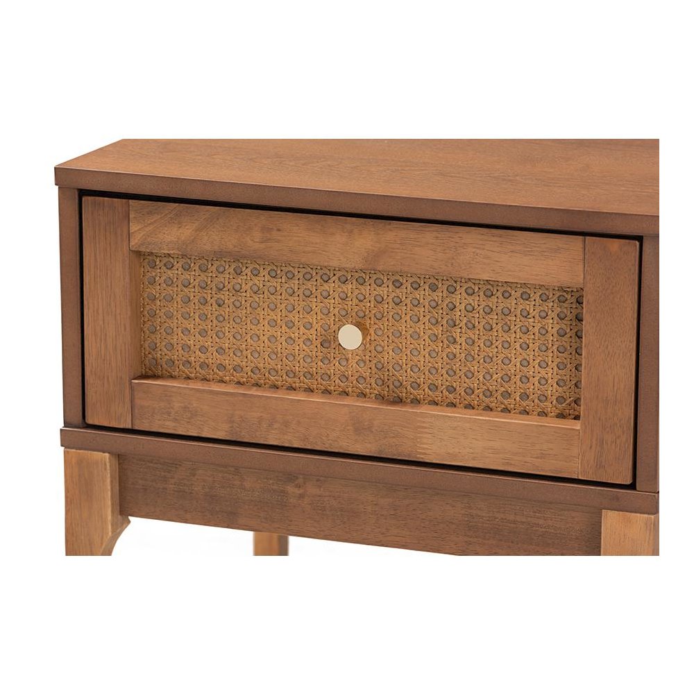 Ash Walnut Finished Wood and Rattan 1-Drawer Nightstand. Picture 5