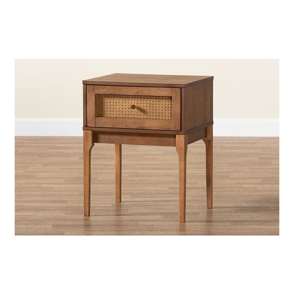 Ash Walnut Finished Wood and Rattan 1-Drawer Nightstand. Picture 9