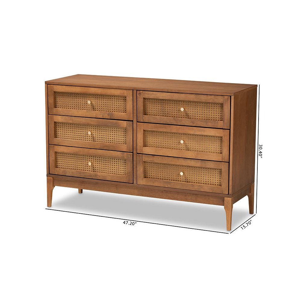 Ramiel Mid-Century Modern Ash Walnut Finished Wood and Rattan 6-Drawer Dresser. Picture 10