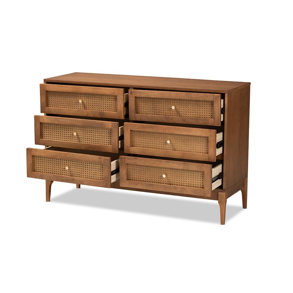 Ramiel Mid-Century Modern Ash Walnut Finished Wood and Rattan 6-Drawer Dresser. Picture 2