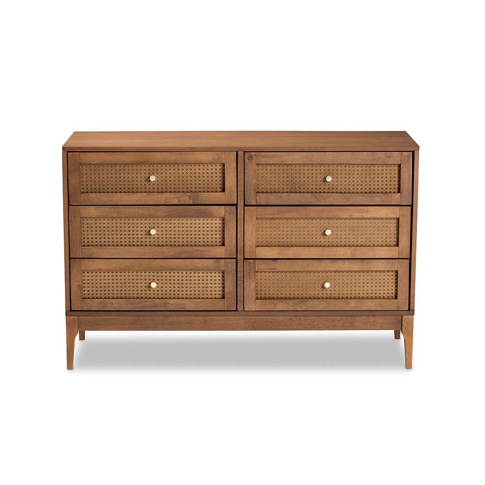 Ramiel Mid-Century Modern Ash Walnut Finished Wood and Rattan 6-Drawer Dresser. Picture 3