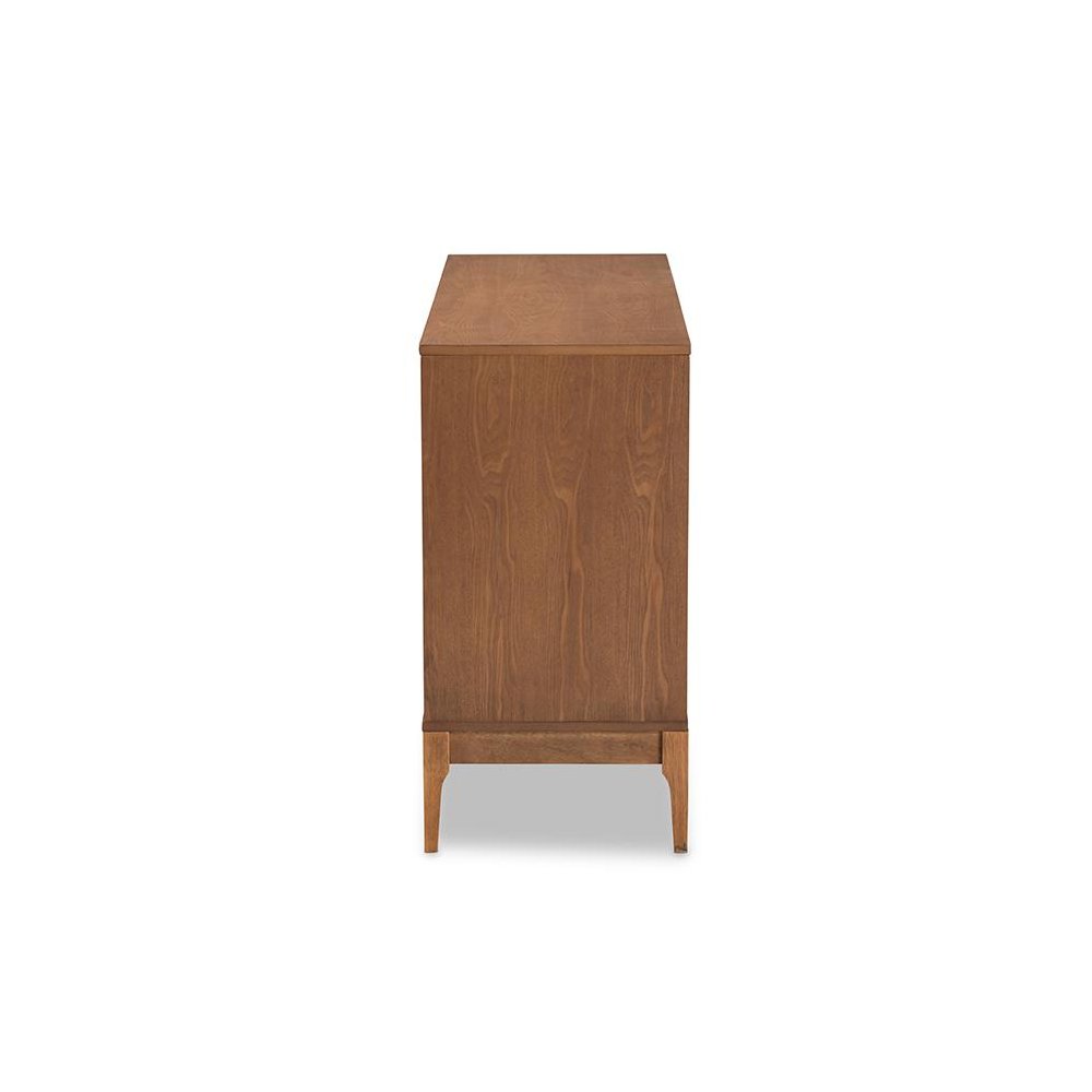 Ramiel Mid-Century Modern Ash Walnut Finished Wood and Rattan 6-Drawer Dresser. Picture 4