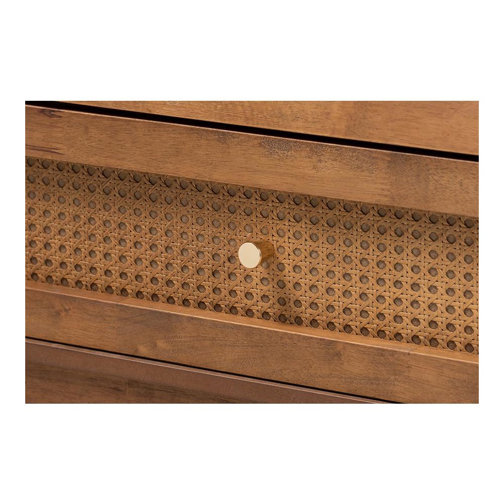 Ramiel Mid-Century Modern Ash Walnut Finished Wood and Rattan 6-Drawer Dresser. Picture 5