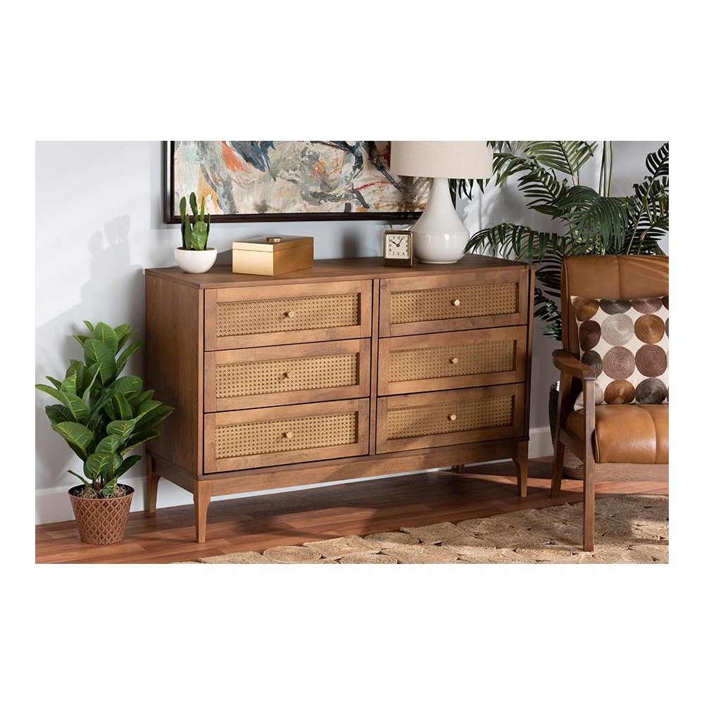 Ramiel Mid-Century Modern Ash Walnut Finished Wood and Rattan 6-Drawer Dresser. Picture 8