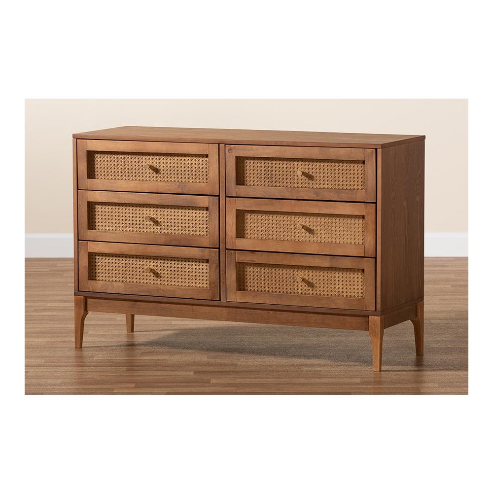 Ramiel Mid-Century Modern Ash Walnut Finished Wood and Rattan 6-Drawer Dresser. Picture 9