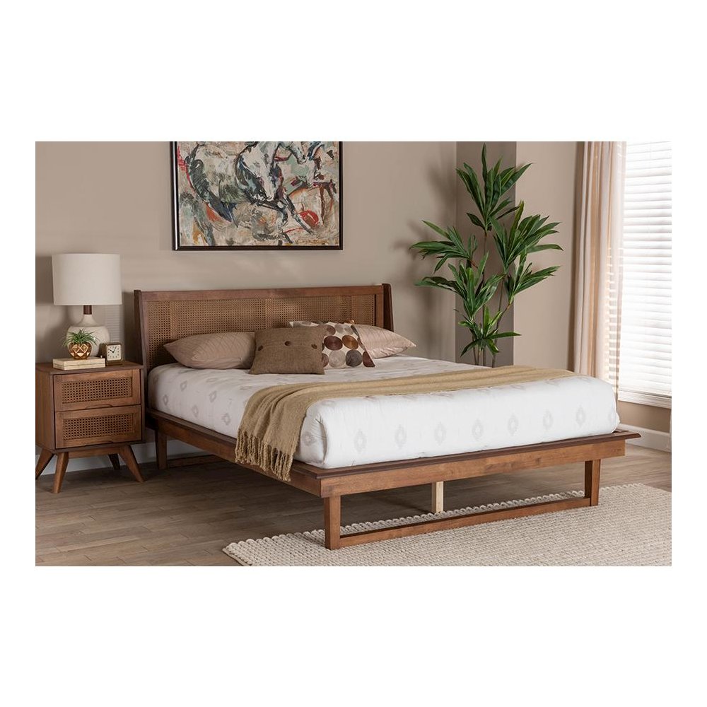 Aveena Mid-Century Modern Walnut Brown Finished Wood Queen Size Platform Bed. Picture 7