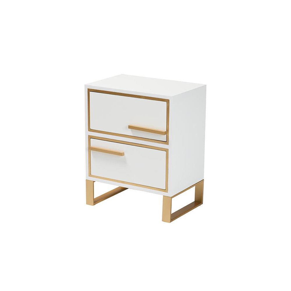 Baxton Studio Giolla Contemporary Glam and Luxe White Finished Wood and Gold Metal 2-Drawer Nightstand. Picture 1