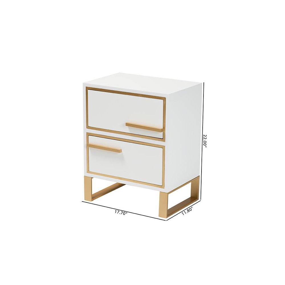 Baxton Studio Giolla Contemporary Glam and Luxe White Finished Wood and Gold Metal 2-Drawer Nightstand. Picture 10
