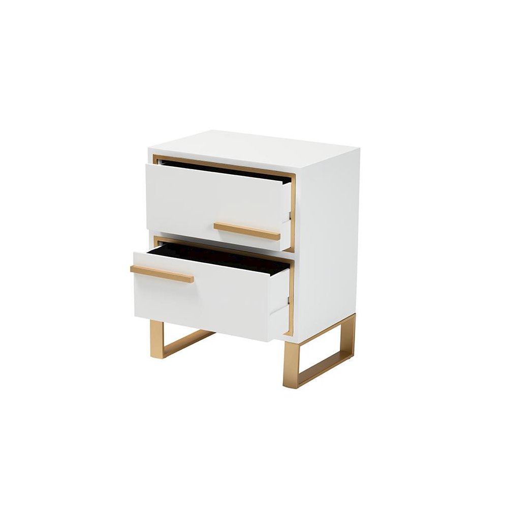Baxton Studio Giolla Contemporary Glam and Luxe White Finished Wood and Gold Metal 2-Drawer Nightstand. Picture 2